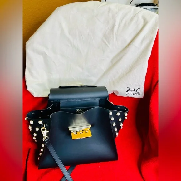 Zac Posen Black and Gold Structured Satchel with Pearl Accents & Dust Bag - Picture 10 of 10